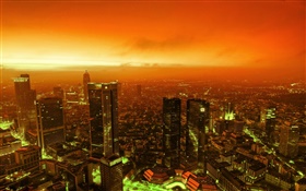 Nachtansicht  Stadt, Wolkenkratzer, Lichter, Dämmerung, roten Himmel HD Hintergrundbilder