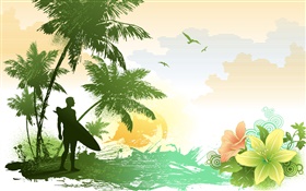 Palmen, Blumen, Vögel, Meer, tropisch, Mann, Vektor-Bilder HD Hintergrundbilder