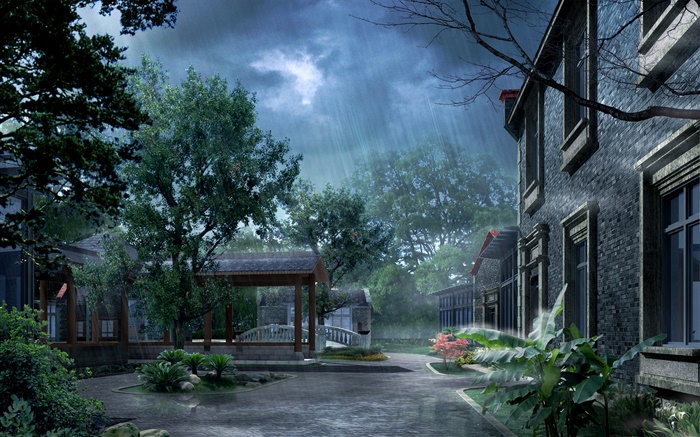 Park in den regen, Haus, Bäume, 3D-Render-Bilder Hintergrundbilder Bilder