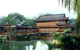Park, See, Pavillon, überdachte  Brücke, 3D-Design HD Hintergrundbilder