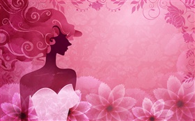 Rosa Hintergrund, Vektor-Mode-Mädchen, Blumen, Design