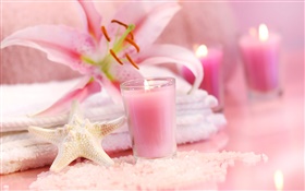 Rosa Stil, Kerzen, Seesterne, Orchidee, Handtuch, SPA Stillleben HD Hintergrundbilder