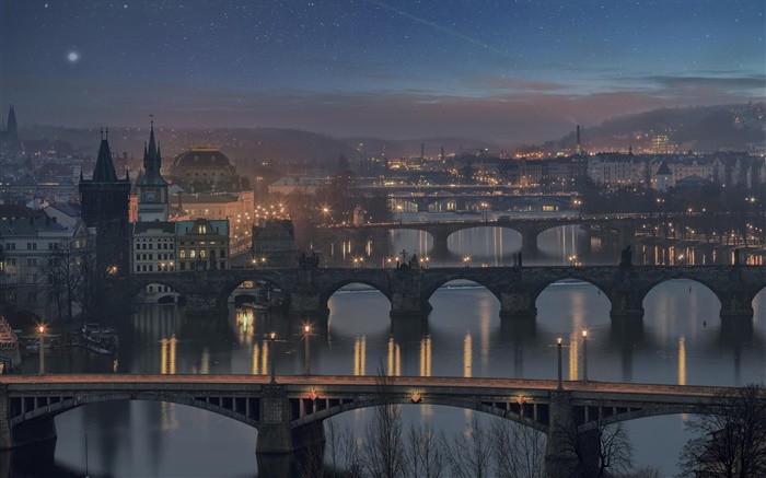 Prag, Tschechische Republik, Brücke, Fluss, Haus, Nacht, Lichter Hintergrundbilder Bilder