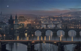 Prag, Tschechische Republik, Brücke, Fluss, Haus, Nacht, Lichter