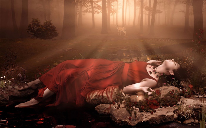 Rotes Kleid Fantasie Mädchen, schlafen im Wald Hintergrundbilder Bilder