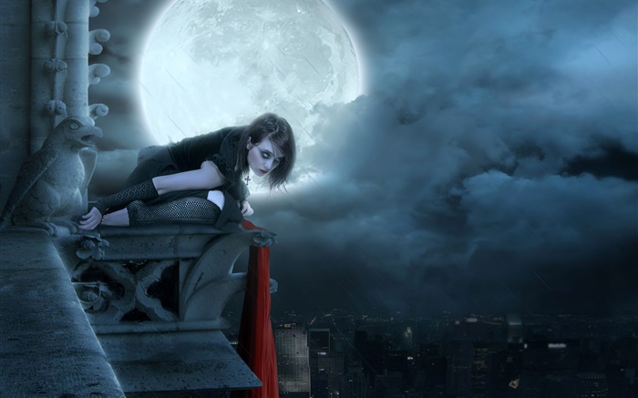 Rote Lippe Fantasie Mädchen auf Mond Nacht, Stadt Hintergrundbilder Bilder