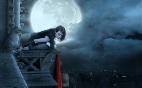 Rote Lippe Fantasie Mädchen auf Mond Nacht, Stadt HD Hintergrundbilder