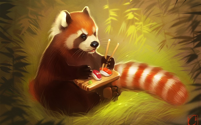 Red Panda essen, Sushi, Bär, kreativ Malerei Hintergrundbilder Bilder