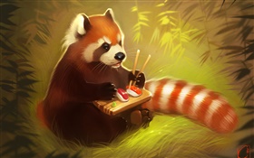 Red Panda essen, Sushi, Bär, kreativ Malerei HD Hintergrundbilder