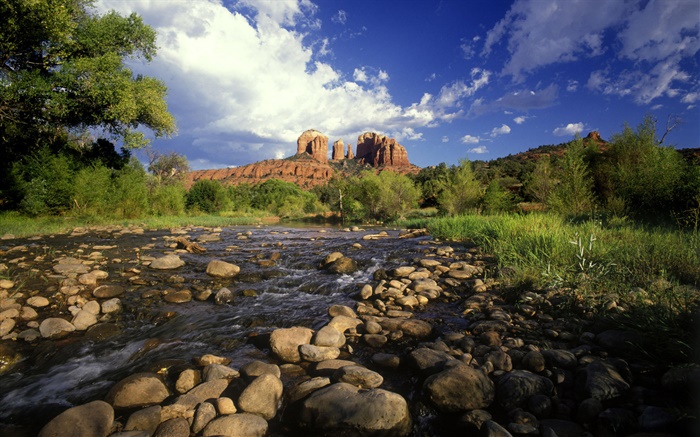 Red Rock Crossing, Steine, Fluss, Gras, Sedona, Arizona, USA Hintergrundbilder Bilder