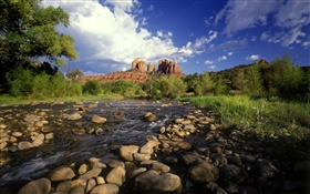Red Rock Crossing, Steine, Fluss, Gras, Sedona, Arizona, USA HD Hintergrundbilder