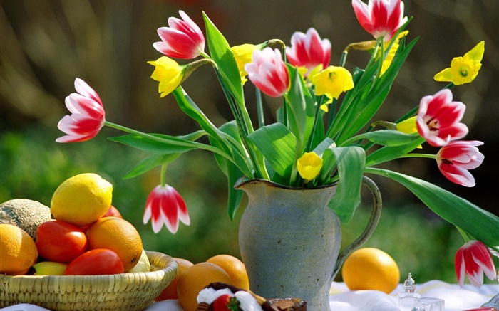 Rote weiße Blütenblätter  Tulpen, Vase, Orangen Hintergrundbilder Bilder