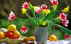 Rote weiße Blütenblätter  Tulpen, Vase, Orangen HD Hintergrundbilder