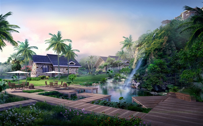 Resort, Wasserfall, Palmen, Haus, tropisch, 3D-Design Hintergrundbilder Bilder