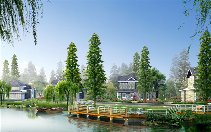 Fluss, Bäume, Boote, Häuser, 3D-Design Bild Hintergrundbilder Bilder