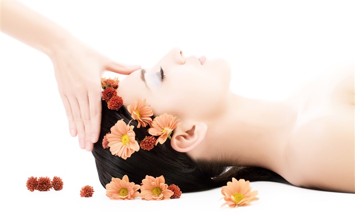 SPA close-up, Mädchen, Blumen, Haar, Massage Hintergrundbilder Bilder