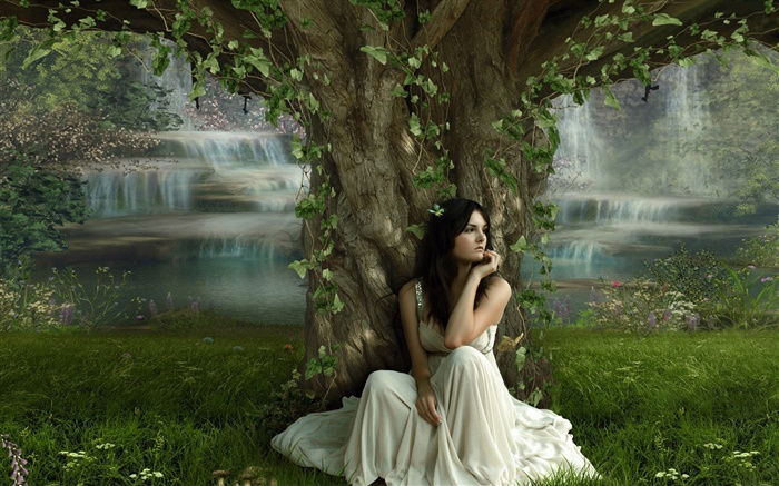 Traurigkeit Fantasie Mädchen unter dem Baum Hintergrundbilder Bilder