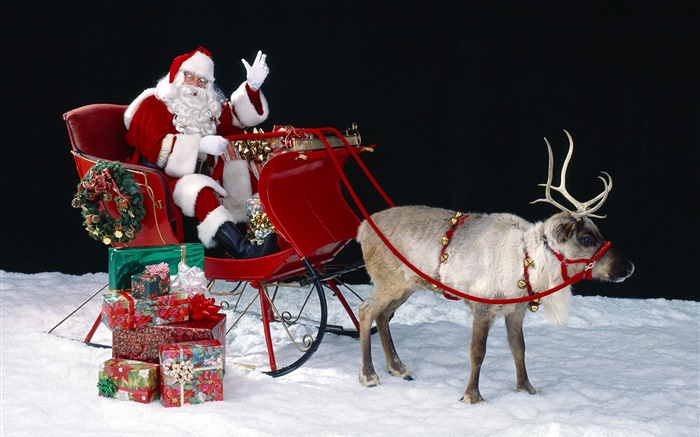 Weihnachtsmann , Hirsch, Schlitten, Geschenke, Weihnachtsthema Hintergrundbilder Bilder