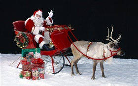 Weihnachtsmann , Hirsch, Schlitten, Geschenke, Weihnachtsthema HD Hintergrundbilder