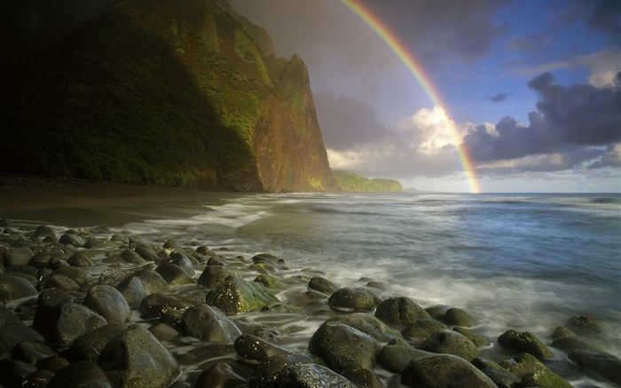 Meer, Küste, Steine, Regenbogen , Wolken Hintergrundbilder Bilder