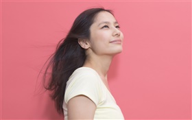 Lächeln asiatische Mädchen, rosa Hintergrund HD Hintergrundbilder