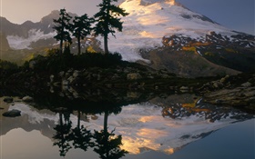 Schneeberg , Bäume, See, Wasser Reflexion, Dämmerung HD Hintergrundbilder