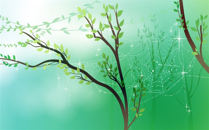 Frühling, Grün, Bäume, Blätter, Spinnennetz , Tau, Vektor-Bilder Hintergrundbilder Bilder