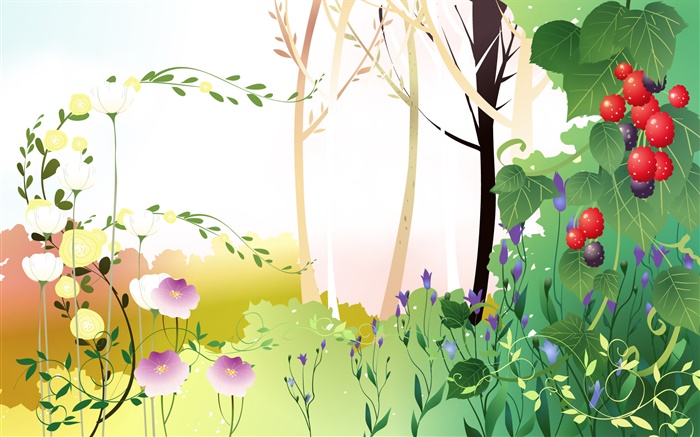 Frühling Themen, Bäume, Blätter, Beeren, Vektor-Bilder Hintergrundbilder Bilder