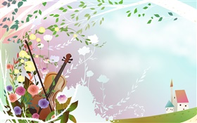 Frühling Themen, Blumen, Violine, Baum, Haus, Vektor-Bilder