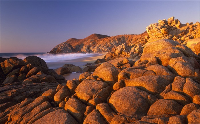 Steine, Strand, Meer, Küste, Dämmerung Hintergrundbilder Bilder