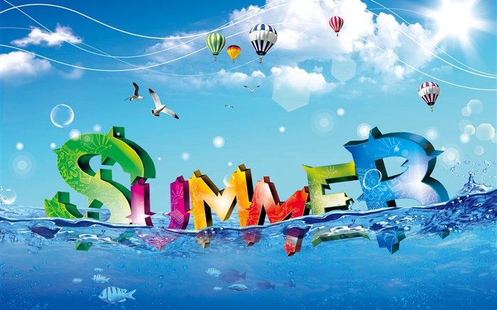 Sommer, kreatives Design, bunt, Wasser, Fische, Vögel, Luftballons Hintergrundbilder Bilder
