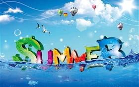 Sommer, kreatives Design, bunt, Wasser, Fische, Vögel, Luftballons HD Hintergrundbilder