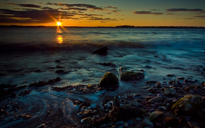 Sonnenuntergang, Abenddämmerung , Meer, Steine, Küste Hintergrundbilder Bilder