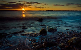 Sonnenuntergang, Abenddämmerung , Meer, Steine, Küste HD Hintergrundbilder
