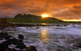 Sonnenuntergang, roten Himmel, Wolken, Küste, Felsen, Hawaii, USA