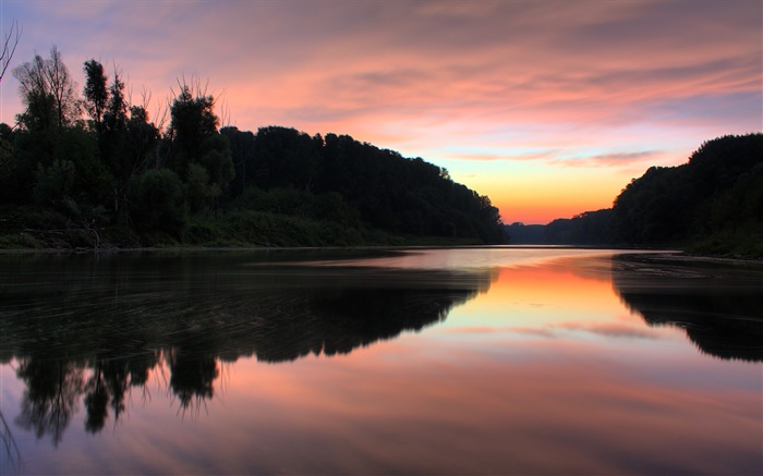 Sonnenuntergang, Fluss, Bäume, roten Himmel, Wasser Reflexion Hintergrundbilder Bilder