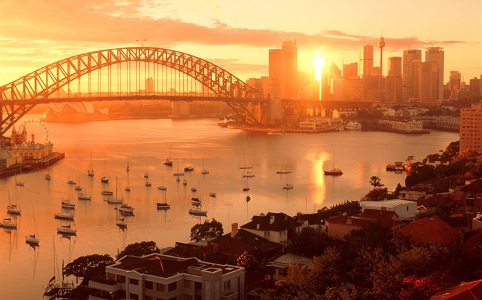 Sydney, Australien, Stadt Sonnenuntergang, Brücke, Fluss, Gebäude, warme Sonne Hintergrundbilder Bilder