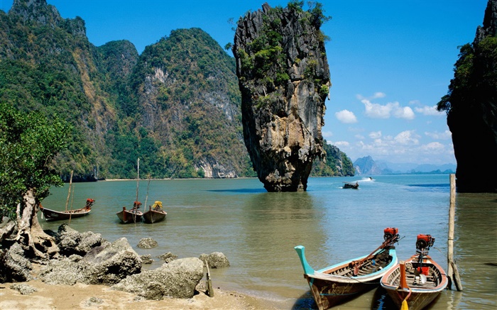 Thailand Landschaft, Meer, Küste, Boote, Felsen, Steine Hintergrundbilder Bilder