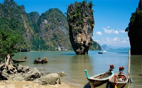 Thailand Landschaft, Meer, Küste, Boote, Felsen, Steine
