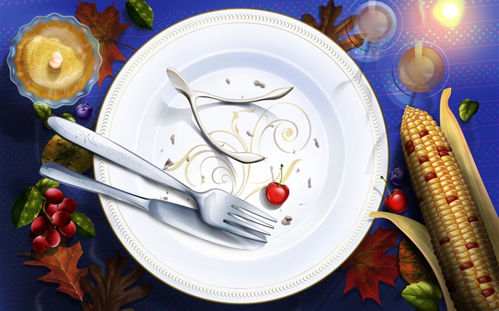 Thanksgiving-Bilder, Kunst Gemälde, Geschirr, Messer, Gabeln, Kirsche Hintergrundbilder Bilder