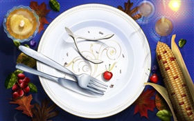 Thanksgiving-Bilder, Kunst Gemälde, Geschirr, Messer, Gabeln, Kirsche HD Hintergrundbilder