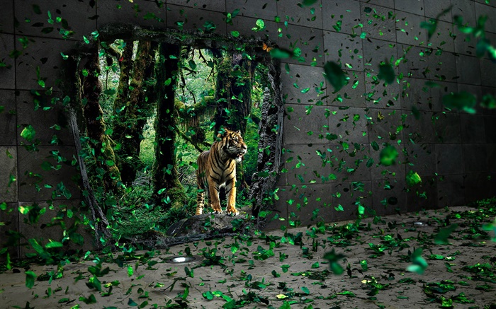 Tiger im Wald, grüne Blätter fliegen, kreative Bilder Hintergrundbilder Bilder
