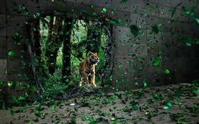 Tiger im Wald, grüne Blätter fliegen, kreative Bilder HD Hintergrundbilder