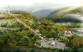Draufsicht  der Park, Treppen, Tore, Bäume, Nebel, 3D-Design HD Hintergrundbilder