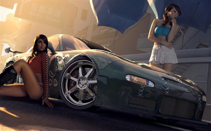 Zwei Mädchen mit Mazda Auto Hintergrundbilder Bilder