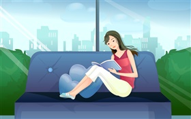 Vector Mädchen, rotes Kleid, Buch auf dem Sofa liest HD Hintergrundbilder
