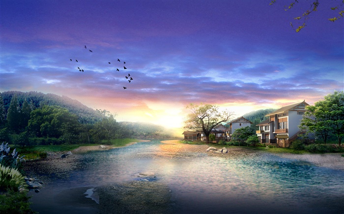 Dorf, Fluss, Bäume, Vögel, Sonnenuntergang, Wolken, 3D-Design Hintergrundbilder Bilder