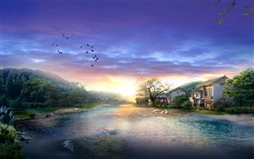Dorf, Fluss, Bäume, Vögel, Sonnenuntergang, Wolken, 3D-Design HD Hintergrundbilder