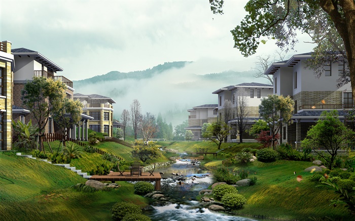 Villas, Bach, Bäume, Nebel, 3D-Design Hintergrundbilder Bilder