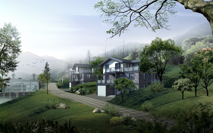 Familienhäuser , Straßen, Bäume, Berge, 3D-Design Hintergrundbilder Bilder